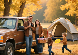 Family camping with truck
